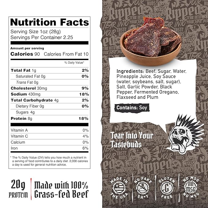 Ripped Beef Jerky - 100% Grass Fed Beef 20g Protein Real Ingredients Gluten Free No MSG Made in USA (Pack of 3 Peppered)