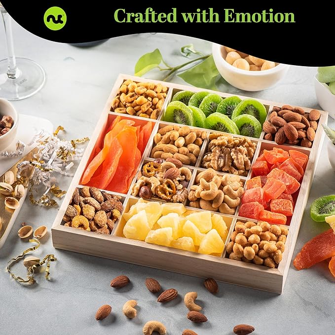 NUT CRAVINGS Gourmet Collection - Happy Birthday Treats Dried Fruit &amp Mixed Nuts Gift Basket with Bday Ribbon in Reusable Wooden Tray (12 Assortments) Food Arrangement Healthy Snack Food Assortm