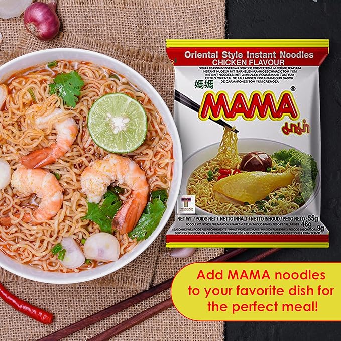 MAMA Noodles CHICKEN Instant Spicy Noodles with Delicious Thai Flavors Hot And Spicy Noodles with Chicken Soup Base No Trans Fat with Fewer Calories Than Deep Fried Noodles (Chicken Flavor 30 Pack)