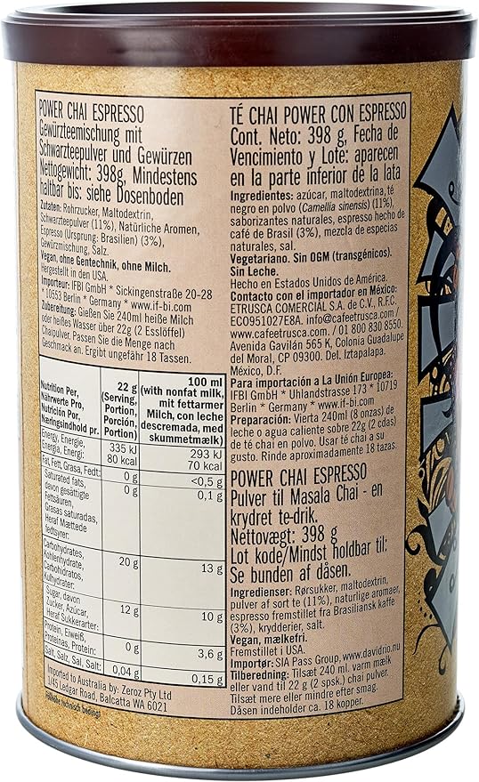 Power Chai Espresso Latte Mix 14 Oz Japanese Matcha Dirty Chai Organic Spices Vegan Dairy Free Serve Hot or Cold Just Add Water or Milk 20 Servings