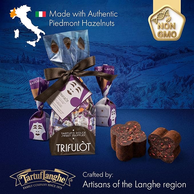 TartufLanghe Trifulot Raspberry Dark Chocolate Truffles with Piedmont Hazelnuts Crunchy Praline Gourmet Italian Truffle Candy Fancy Chocolate Gift Set From Italy Dairy Free Gluten Free - 6.34 OZ