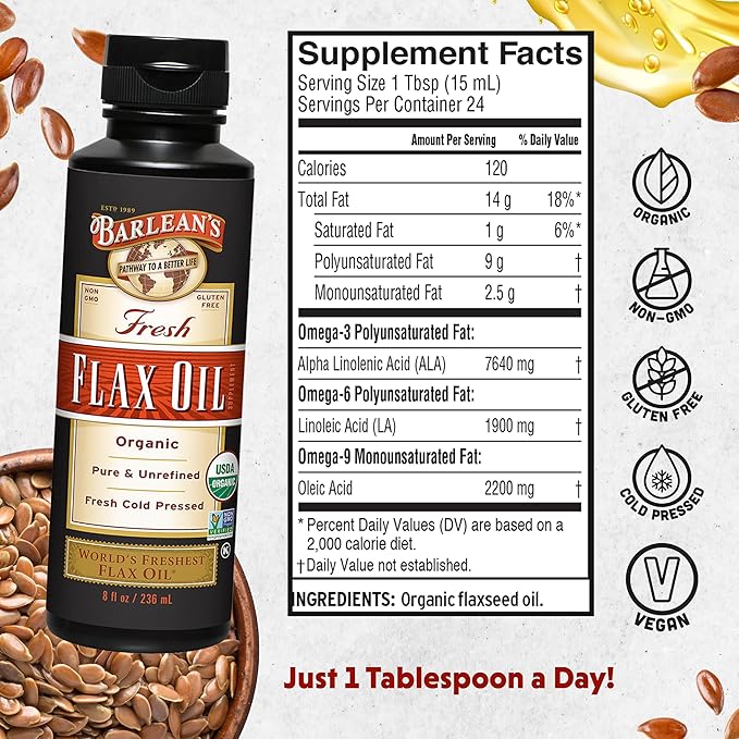 Barlean's Organic Flaxseed Oil Liquid from Fresh Cold Pressed Flax Seeds 7640mg ALA Omega 3 Fatty Acid Supplement for Healthy Hair Skin and Eyes Vegan and Gluten Free 12 oz