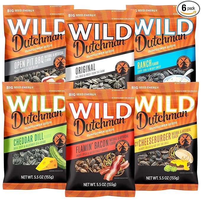 Wild Dutchman Roasted Sunflower Seeds in a Resealable Bag for Ultimate Freshness and an Easy Pour 6 Flavor Variety Snack Pack 5.5 oz (Pack of 6)