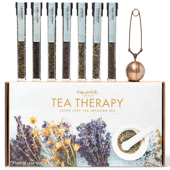 Thoughtfully Gourmet Tea Therapy Infusion Gift Set 7 Unique Flavors and Reusable Copper Ball Infuser Loose Leaf Tea Set Flavors Include Peppermint Jasmine Vanilla Chai and More Set of 7