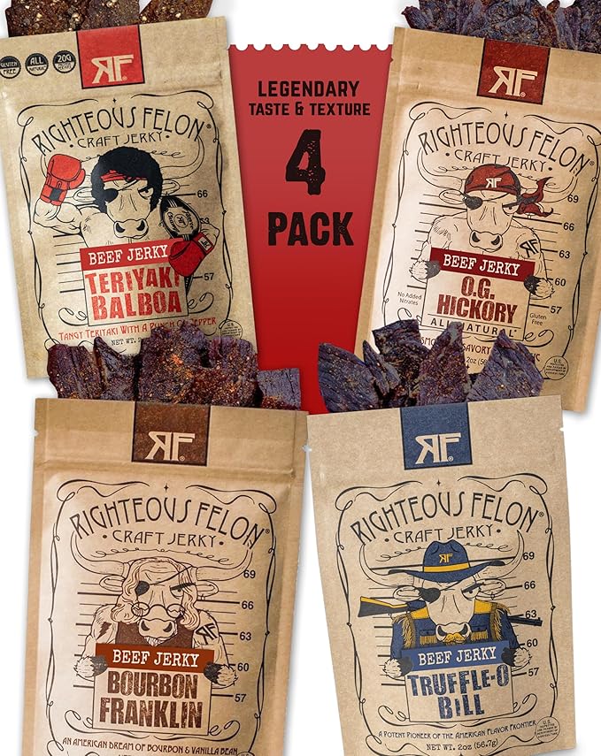 Righteous Felon Beef Jerky | All-Natural High Protein Jerky Snack Pack - Great Gifts for Men - Locally Sourced &amp Dried Beef Jerky - Low-Sugar Keto Gluten-Free Healthy Jerky Snacks - Savory 4 Pa