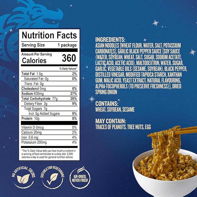 Blue Dragon Garlic &amp Black Pepper Saucy Noodles - 4.25oz (Pack of 6) - Knife Cut Air Dried Noodles w/Garlic &amp Black Pepper Sauce &amp Spring Onion Garnish - Quick &amp Easy Meal with Bold As