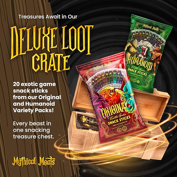Mythical Meats Deluxe Loot Crate – Indulge in 20 Exotic Game Snack Sticks – Dried &amp Dehydrated Meats Seasoned to Perfection – High Protein &amp Keto Friendly – Collectible Box