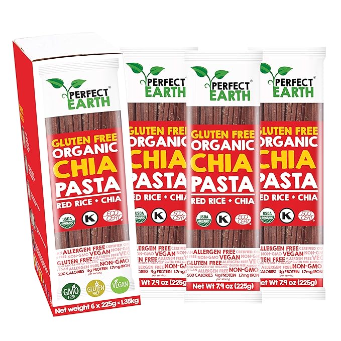 Perfect Earth Organic Red Rice Pasta with Chia Seeds - Organic Vegan Keto Kosher Allergen-Free Gluten-Free Low Carb Pasta - for Healthy Delicious and Convenient Meals - 6 Pack (7.9 Oz Each)