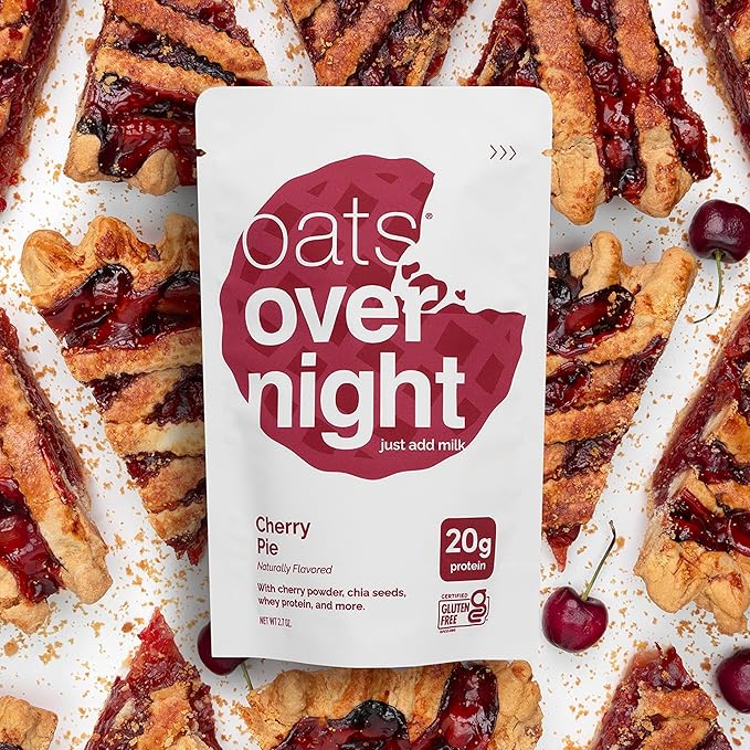 Oats Overnight Cherry Pie - Overnight Oats with 20g Whey Protein High Fiber Breakfast Protein Shake - Gluten Free Oatmeal Non GMO High Protein Oatmeal (2.7 oz per Meal) (8 Pack + Bottle)
