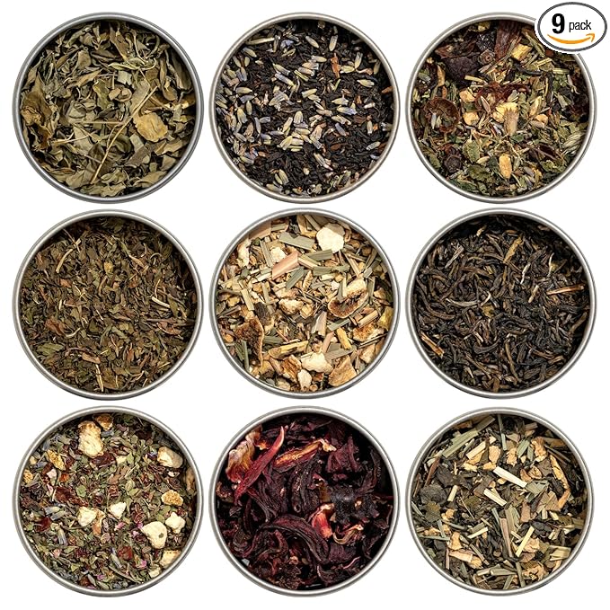 Heavenly Tea Leaves Organic Wellness Tea Sampler (Approx. 90 Cups of Tea) 9 Assorted Loose Leaf Teas &amp Herbal Tisanes - Great Hot or Iced High &amp No Caffeine Teas Gift Ideas for Her