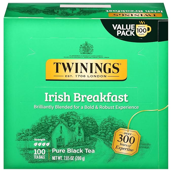 Twinings Irish Breakfast Black Tea Individually Wrapped Bags 100 Count (Pack of 1) Flavourful Bold and Robust Caffeinated Enjoy Hot or Iced 100 Teabags