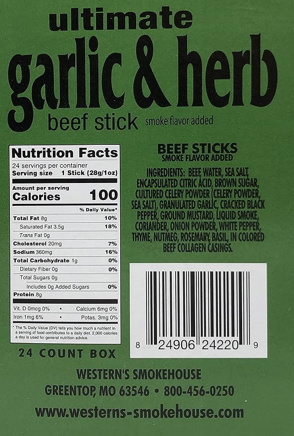 Western’s Smokehouse Garlic &amp Herb Jerky Meat Sticks - 1.0 Ounce Pack of 24-100 Calories 8g Protein Gluten-Free MSG-Free Soy-Free No Nitrates