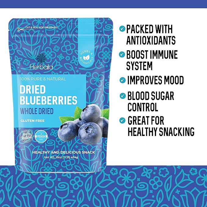 Herbaila Whole Dried Blueberries No Sugar Added Bulk Dehydrated Dried Unsweetened Blueberries All Natural Non-GMO 1 Pound. - 16 oz. (Pack of 2)