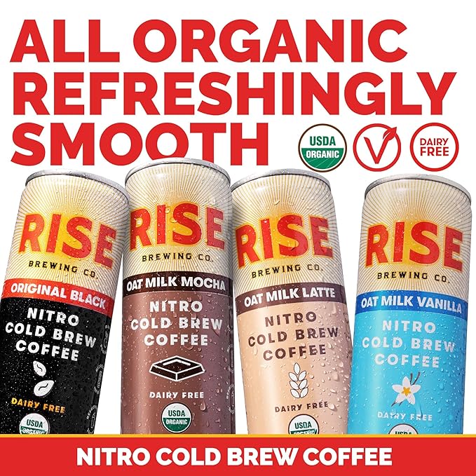 RISE Brewing Co. | Nitro Cold Brew Coffee | Gluten-Free Vegan | Organic &amp Non-GMO | 3x Original Black 3x Oat Milk Latte 3x Oat Milk Mocha 3x Oat Milk Vanilla Latte 7 Fl Oz (Pack of 12)