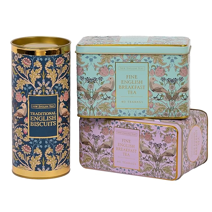 New English Teas Traditional Tea &amp Cookies Gift Set with 80 English Breakfast Teabags &amp Cornish Cookies