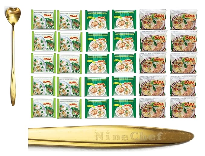 MaMa Oriental Style install noodles Clear Soup 3 different types of noodles (Flat Noodle Rice Vermicelli and Chand Noodle) 3 Flavor 10 bags each Flavor a total of 30 bags