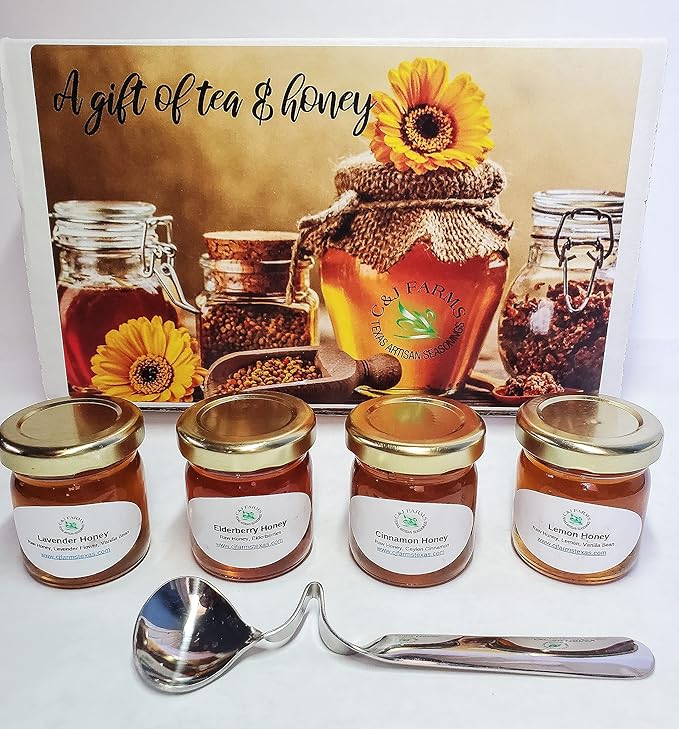 C&ampJ Farms Texas Gourmet Artisan Seasonings A Gift of Tea and Honey Gift Set- 9 Piece Variety Sampler Box- Includes Stir Spoon and Sampling of Loose Leaf Tisanes &amp Infused Honey- Local Natural