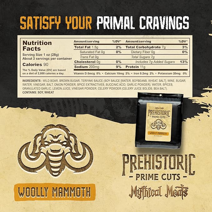 Mythical Meats Woolly Mammoth Jerky - Wild Boar - Prehistoric- Inspired Dried &amp Dehydrated Meats Seasoned to Perfection High Protein Snacks - 2.75 ounces