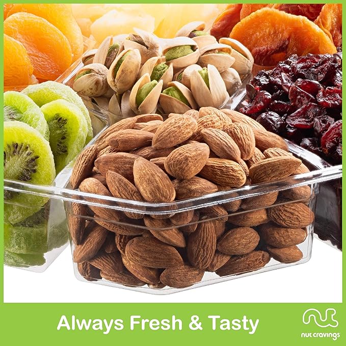 NUT CRAVINGS - Dried Fruit &amp Mixed Nuts Gift Basket + Green Ribbon (7 Assortments 2 LB) Ramadan Gifts Food Arrangement Healthy Snack Care Package