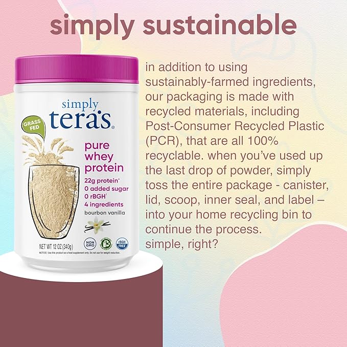 simply tera's Pure Whey Protein Powder - Grass Fed Vanilla Whey Protein Powder Clean Made Without Artificial Sweeteners Non-GMO Kosher rBGH-Free Soy-Free - 12 Oz