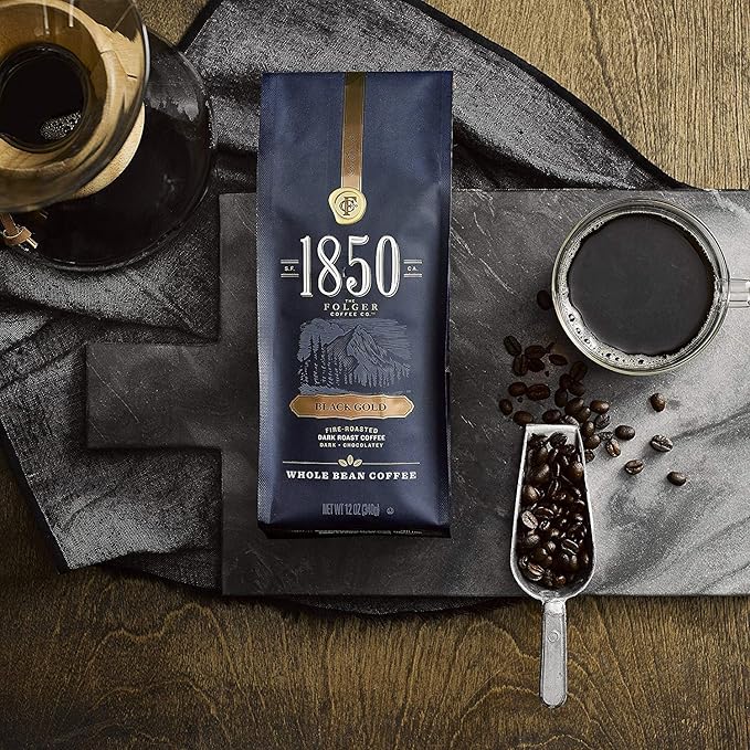 1850 by Folgers Black Gold Dark Roast Whole Bean Coffee 12 Ounces (Pack of 6)