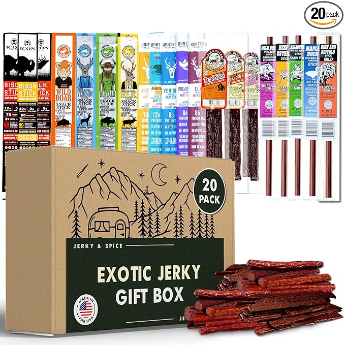 Jerky-n-Spice Exotic Jerky Sticks Gift Box | Snacks Variety Pack for Adults | Exotic Meat Sampler | Beef Jerky Gift Basket for Birthday &amp Any Occasions | Meat Bouquet Healthy Snack Box | 20 Pack