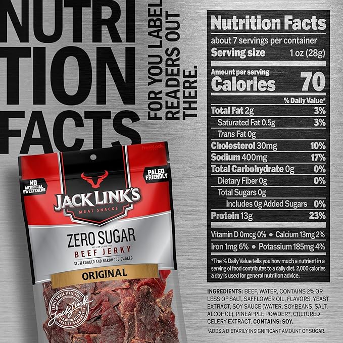 Jack Link's Original Zero Sugar Beef Jerky - 7.3 oz Bag - Ready to Eat Protein Snacks - 13g Protein per Serving - Made with 100% Real Beef(Pack of 4)