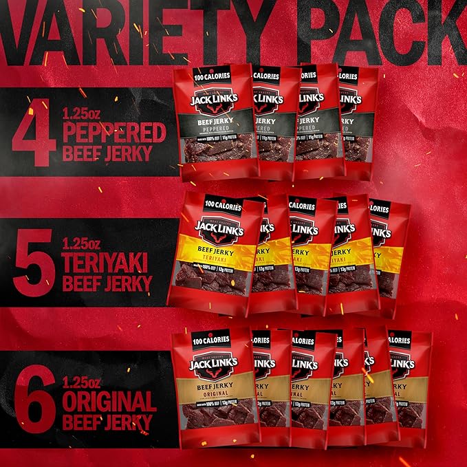 Jack Link's Beef Jerky Variety Pack – Includes Original Teriyaki and Peppered Jerky Bulk Protein Snack Pack Good Source of Protein Meat Snacks Made with 100% Beef – 1.25 Oz (Pack of 15)