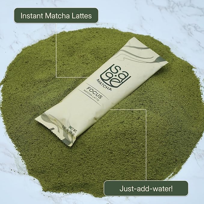 Sage Matcha Focus Organic Matcha Latte Packets - Ceremonial Grade Japanese Matcha Powder with Oat Milk - Unsweetened Plant-Based Instant Matcha Latte Drink Mix Dairy-Free - 6 Single-Serve Sticks
