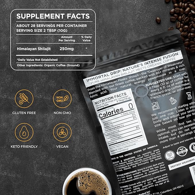 Shilajit Coffee - Immortal Drip Organic Dark Roast Ground Coffee Himalayan Shilajit-Infused High-Caffeine Vitamins - Fulvic Acid &amp 85+ Minerals