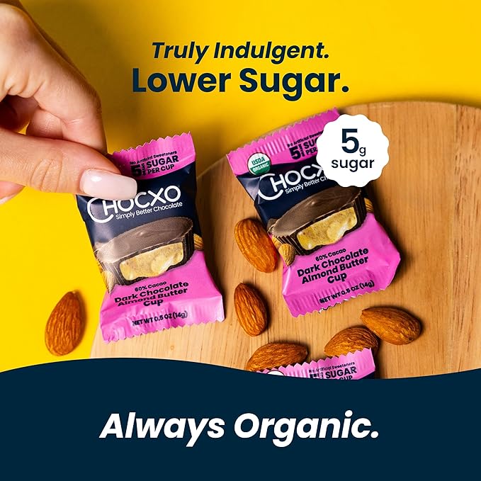 Chocxo Dark Chocolate Almond Butter Cups - Lower Sugar Organic NonGMO Keto Gluten Free Kosher. 60% Cacao No Artificial Sweeteners/Sugar Alcohols 3.45 oz (Pack of 6)
