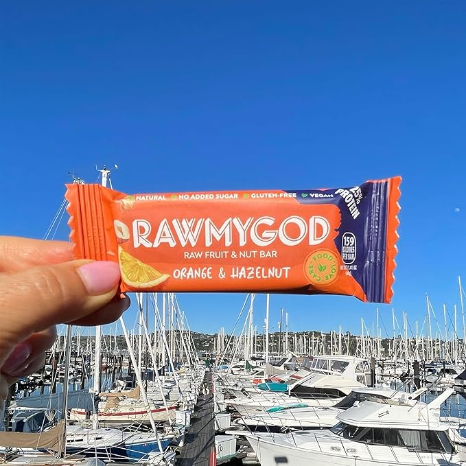 RAWMYGOD Fruit and Nut Bars Good Source of Protein (10g 25% protein content) Gluten Free Vegan No Added Sugar (16 bars Orange &amp Hazelnut)