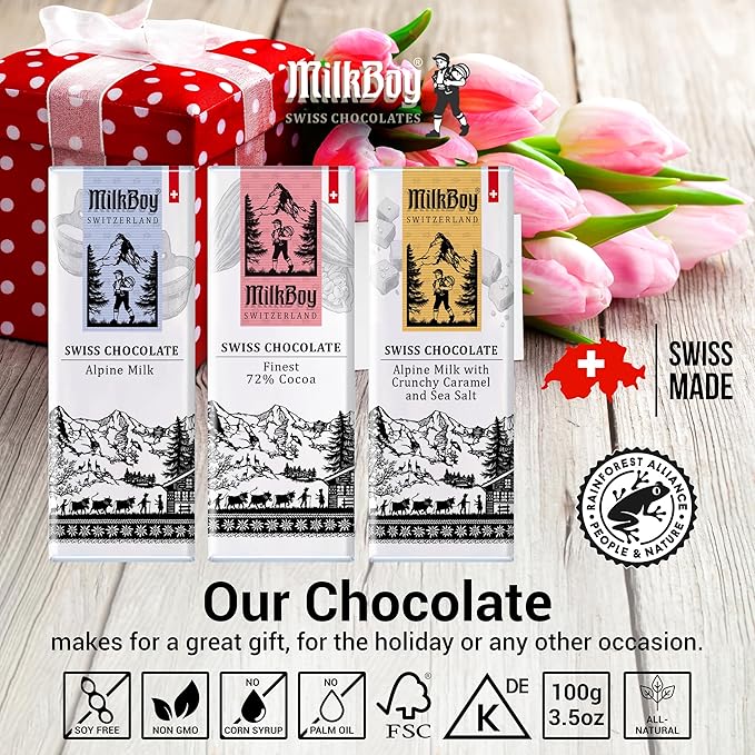 Milkboy Swiss Chocolates Gourmet Dark Chocolate Bar - 72% Chocolate Made in Switzerland Kosher. Vegan Gluten Free Dairy Free Swiss Chocolate Bars Sustainably Farmed Cocoa Bars - 1.4 oz 20 Pack