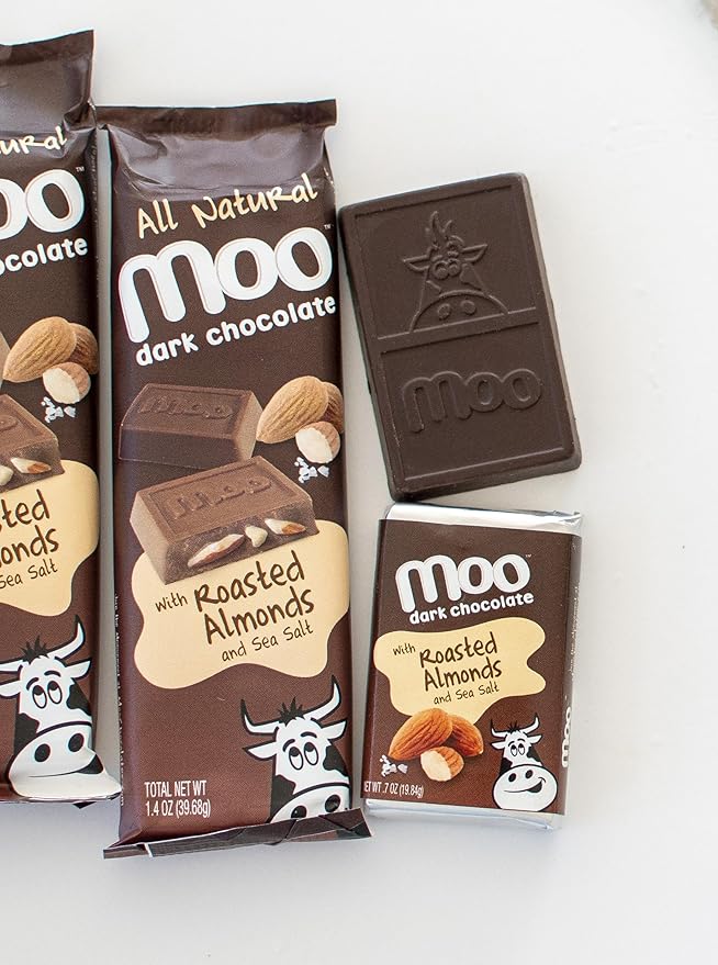Moo Chocolates All Natural Dark Chocolate Mini Bars with Roasted Almond &amp Sea Salt 0.7 oz 28 ct (Pack of 2) | 100 Calorie Snacks for On-the-Go Lunchboxes Office