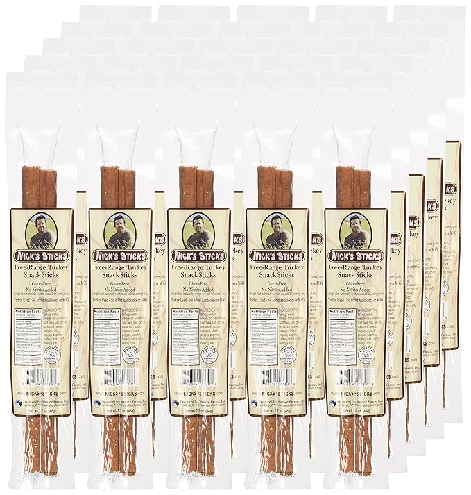 Nick's Sticks Clean &amp Balanced Free Range Turkey Snack Sticks | Made in the USA | Gluten Free | Paleo Keto Whole30 Approved | No Soy Antibiotics or Hormones (25– 1.7oz. Packs of 2 Sticks)