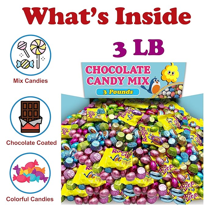 Bulk Chocolate Candy Assortment Mix 3 Lbs Assorted Variety of Individually Wrapped Milk Chocolate Pastel Colored Candy Bulk Chocolate Eggs Peanut Butter Cups For Parties and Spring Decor