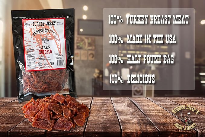 Bronco Billy's Turkey Jerky Buffalo Flavor Half Pound Resealable Bag