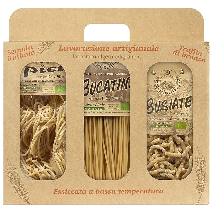 Morelli Busiate Pici and Bucatini Organic Pasta Variety Pack - Imported Italian Pasta Sampler - Specialty Assortment Includes Three-17.6 oz Packages of Gourmet Pasta from Italy