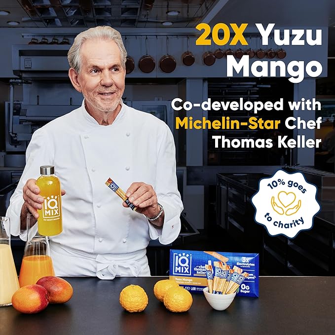 IQMIX &amp IQBAR x Chef Thomas Keller - Brain &amp Body Hydration + Protein Bar Bundle - Yuzu Mango + Salted Caramel Chip - Electrolyte Drink Mix (20ct) + Vegan Protein Bars (12ct)