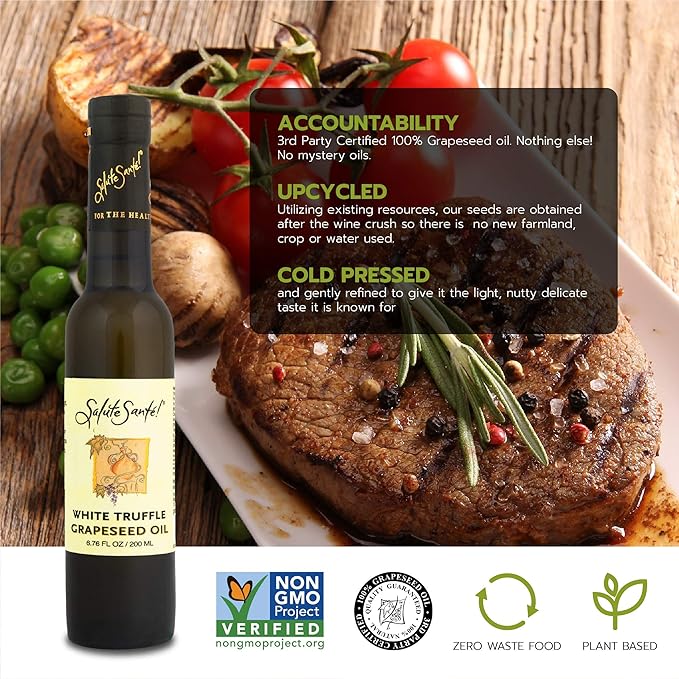 Salute Santé! White Truffle Infused Grapeseed Oil – 200ml Premium Cold Pressed Gourmet Oil for Pasta Pizza Salads and Finishing – Healthy Non-GMO Vegan Upcycled Award-Winning Culinary Essential