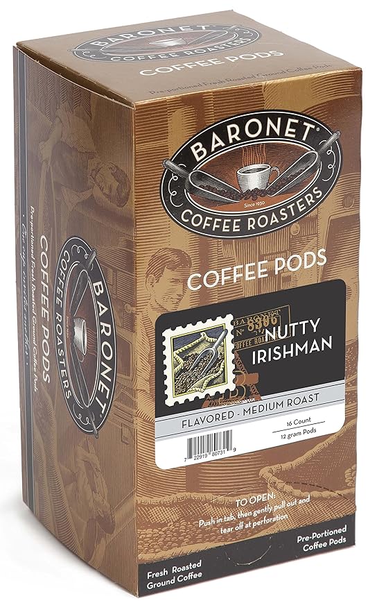 Baronet Coffee Nutty Irishman Coffee Pods Bag - Flavored Medium Roast - 3 Boxes of 16 Single Serve Pods - 48 Count 12 Grams - Individually Wrapped for Freshness - Rich Traditional Flavor