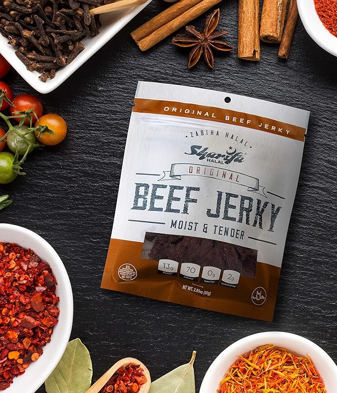 Sharifa Halal Beef Jerky Original (5 Pack) Each Bag 2.85 oz – Great Everyday Halal Jerky Beef Meat Snack 100 % Real Zabiha Halal Beef 13g of Protein 70 Calories 0g Trans Fat &amp 2g of Carbohy
