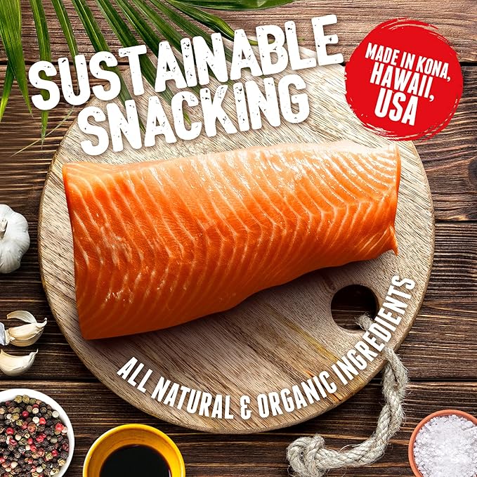 Kaimana Jerky Wild Caught Salmon Jerky - Organic Dried Fish Strips Rich in Omega-3 Protein - Low-Calorie Seafood Snack with No Gluten Less Sodium &amp Sugar - Original Teriyaki Spicy Flavors - 3-