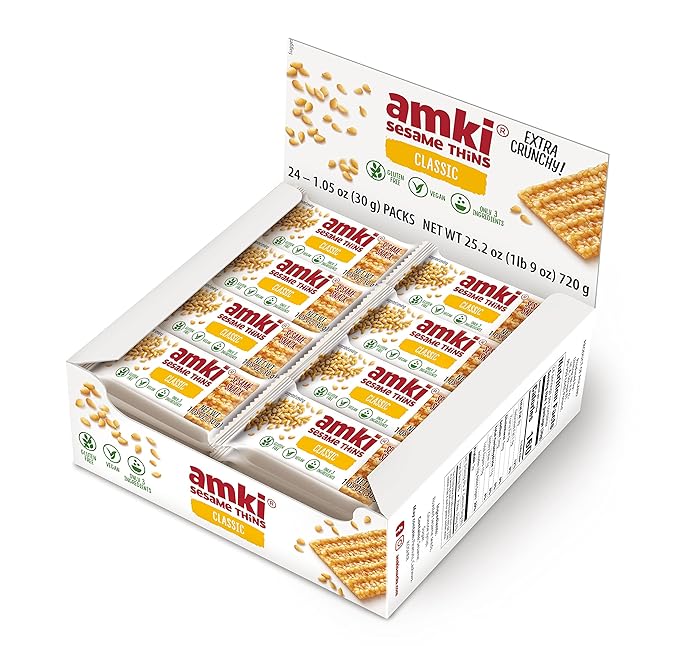 Amki Sesame Thins Classic (Sesame Snaps) Gluten Free Vegan Delicious Crunchy Sensibly Sweet Snacks. 24 Pack 720g
