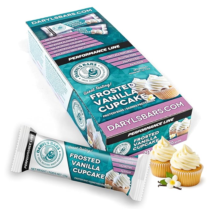 Daryl's Bars Frosted Vanilla Cupcake On the Go Whey Protein Bars Gluten Free 20gr of Protein Snack Meal Replacement Pack of 1