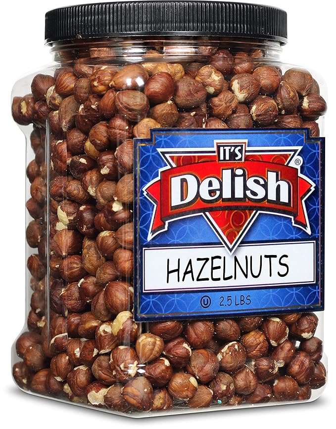 Gourmet Raw Hazelnuts Shelled by It’s Delish 2.5 lbs Reusable Jumbo Container | Unsalted Hazelnuts Filberts for Vegan Kosher and Gluten-Free Nut Snacks