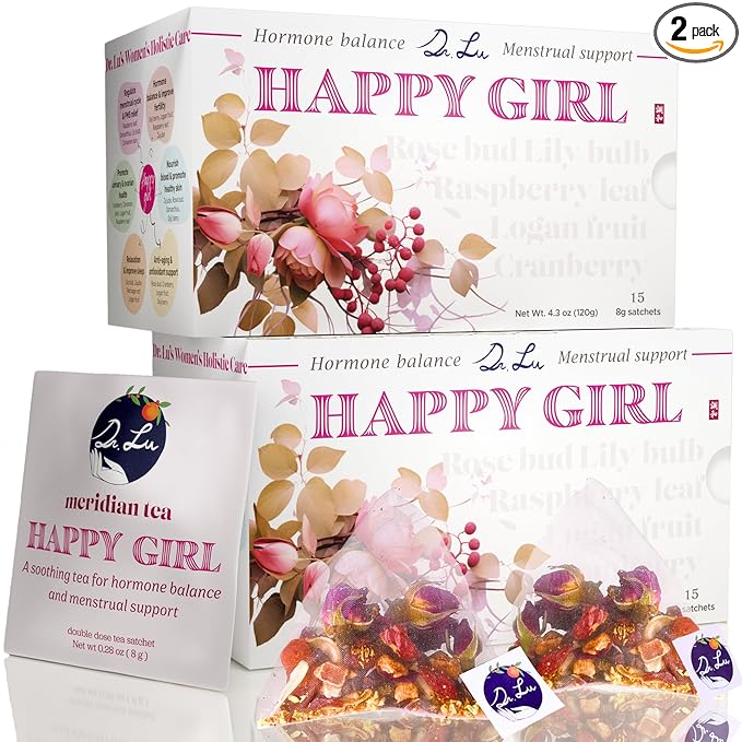 2 Pack of Dr. Lu's Happy Girl Tea | 100% Natural Herbal Tea for Hormone Balance Menstrual PMS PCOS &amp Menopause | Antioxidant &amp Anti-Aging Rose Tea with Raspberry Leaf Cranberries Goji Ber