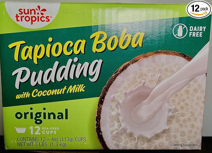 Sun Tropics Tapioca Pudding Boba Pudding with Coconut Milk Dairy Free Pudding | Gluten FreeNon-GMO | Ready-to-Eat Pudding Cups - ORIGINAL 12 cups (4oz-113g per cup)