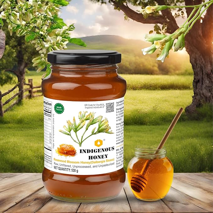 INDIGENOUS HONEY Rosewood Shisham Honey Raw Organic Natural Pure Unprocessed NMR Tested Unpasteurized Unheated 530g Glass Jar Pack of 1