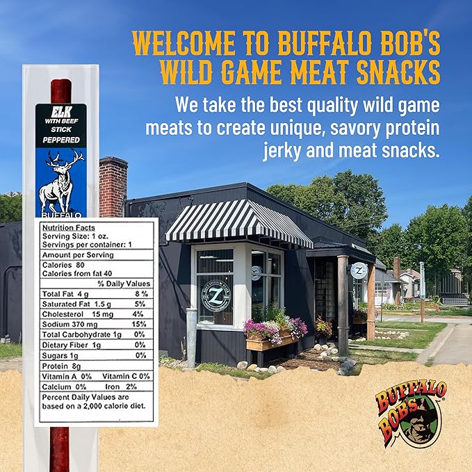 Buffalo Bob's Wild Game Meat Snack Stick - Elk Peppered Stick 10 Pack